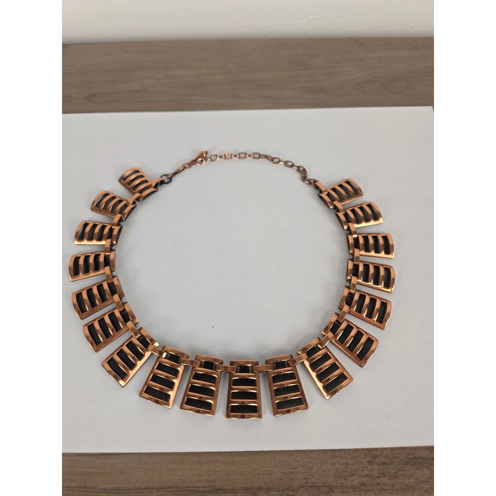 Vintage Brutalist Copper Tone Collar Necklace Black Accent Geometric Link 17.5in